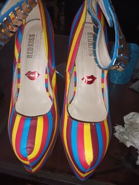 Redkiss Women's Multicolor Striped Pointed Heels - Red/Yellow/Blue